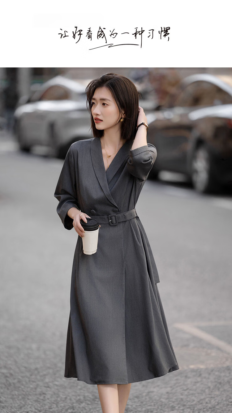 Demana Smart Elegance Spring Commuter Mandarin Collar Double-Breasted Mid-High Waist Three-Quarter Sleeve Buttoned Women's Dress 1