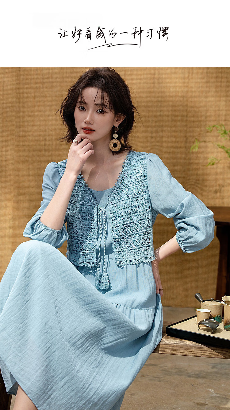 Demana Linen-Viscose Blend Tea Break Dress Spring Elegant Faux Two-Piece Lace Hollow Tower A-Line Women's Dress 1