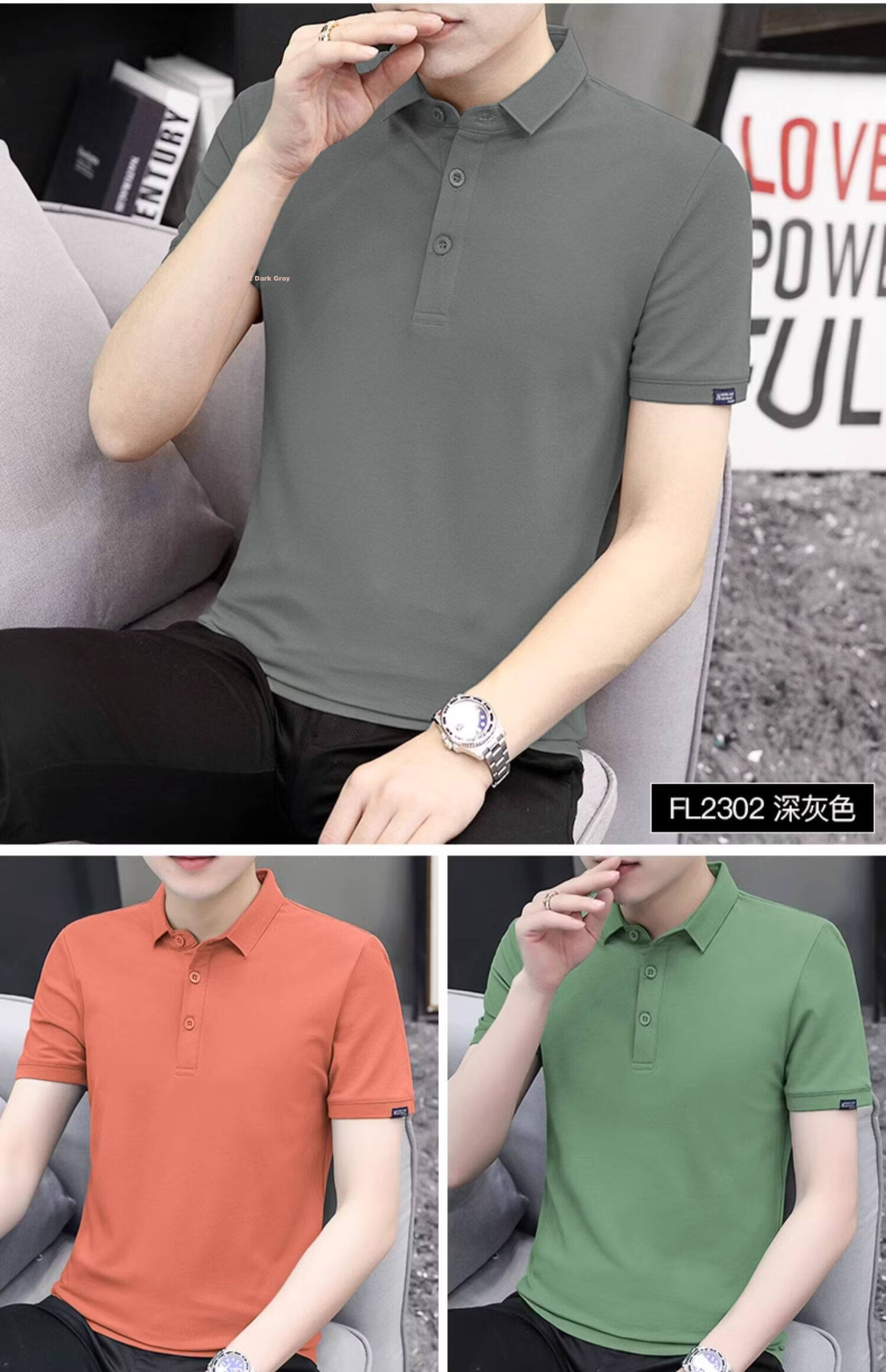 PLAYBOY Men's Summer Short Sleeve Polo Shirt Business Collar Solid Gray Simple Design 16