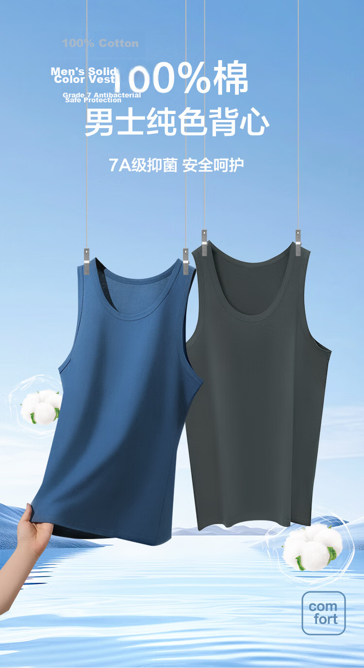 Hodo Men's Antibacterial Pure Cotton Sweat-Absorbing Breathable Simple Sports Vest 2-Pack Summer New Arrival 1