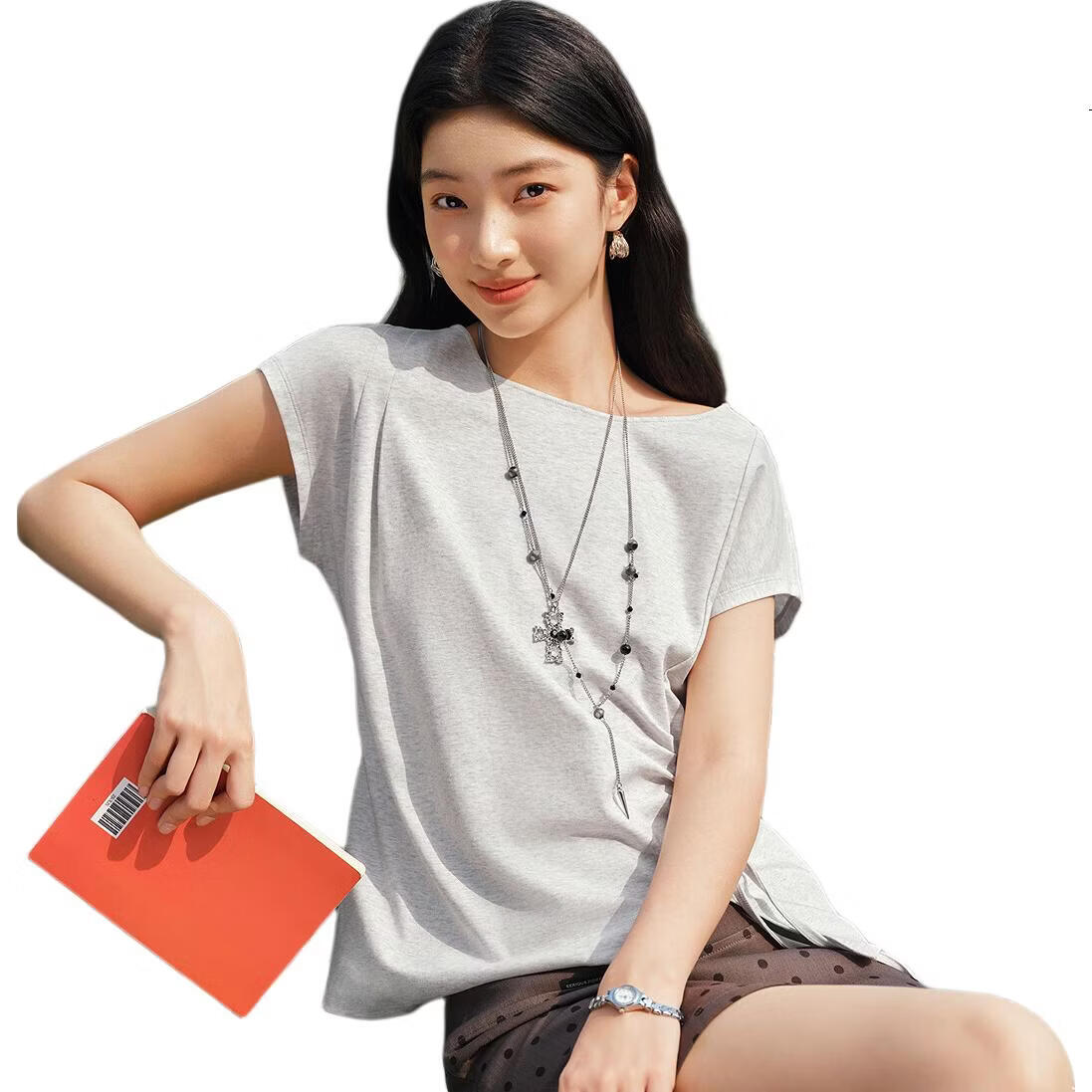 Semir Senrou Women's Summer T-Shirt Off-Shoulder Bow Split Pure Cotton 2026 Gentle Style 109326100010