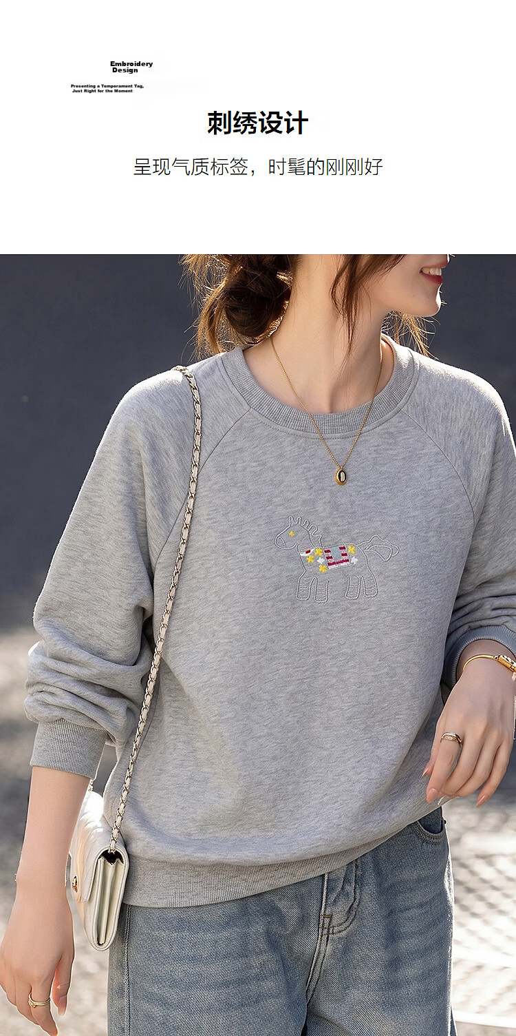 Demana [Cloud Oxygen Cotton Series] Summer Heavywork Pony Embroidery Crew Neck Long Sleeve Slim Fit Petite Sweatshirt for Women Premium Feel 6