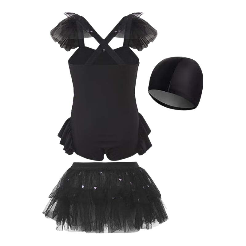 Aimer Kids Holiday Swimsuit Kuromi IP Girls' One-Piece Swimsuit Set, Black Swan Kuromi, Size 110
