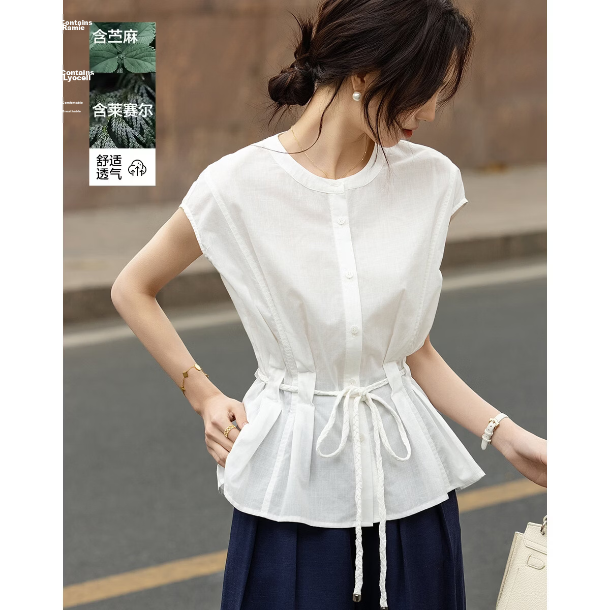 Demana [Ramie Lyocell Blend] Summer Urban High-Waist Twisted Knot Belt Loose Slim Shirt for Women Premium