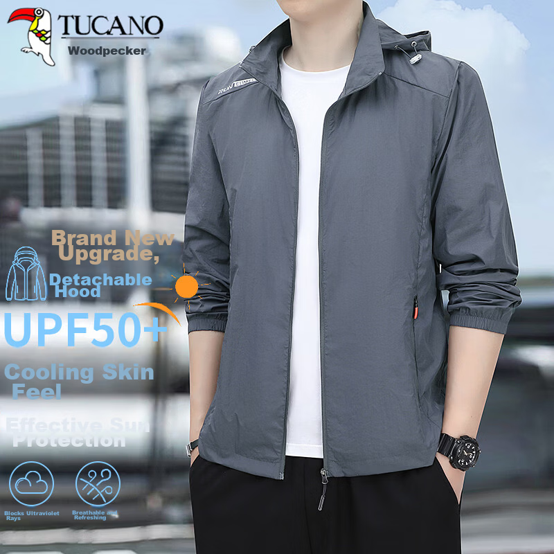 TUCANO Men's Summer Upgraded Ice Cool Quick-Dry Detachable Hood Jacket Skin Coat Dark Gray M
