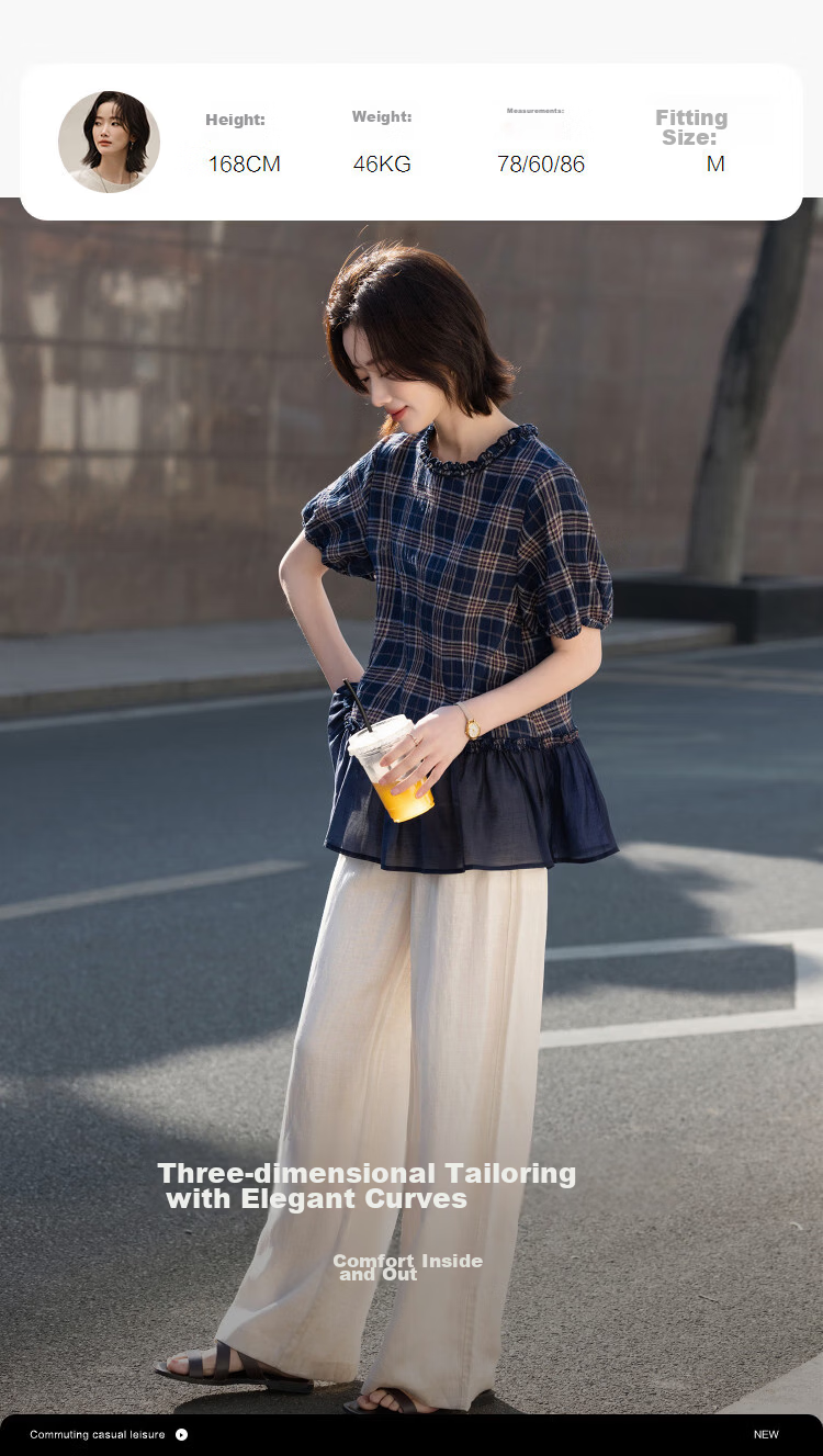 Demana Fresh Cloud Cotton Summer Ruffle Edge Plaid Patchwork Tie Short Sleeve Loose Slim Shirt for Women Premium Feel 9