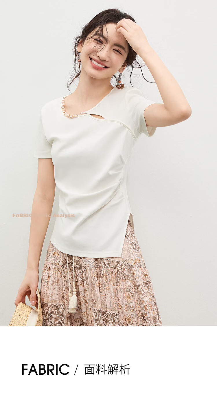 Shangdu Bila Cotton Blend Pleated Slim Fit T-Shirt Women Spring Summer Designer Round Neck Hollow Out Asymmetric Overlap Irregular Split Top 9
