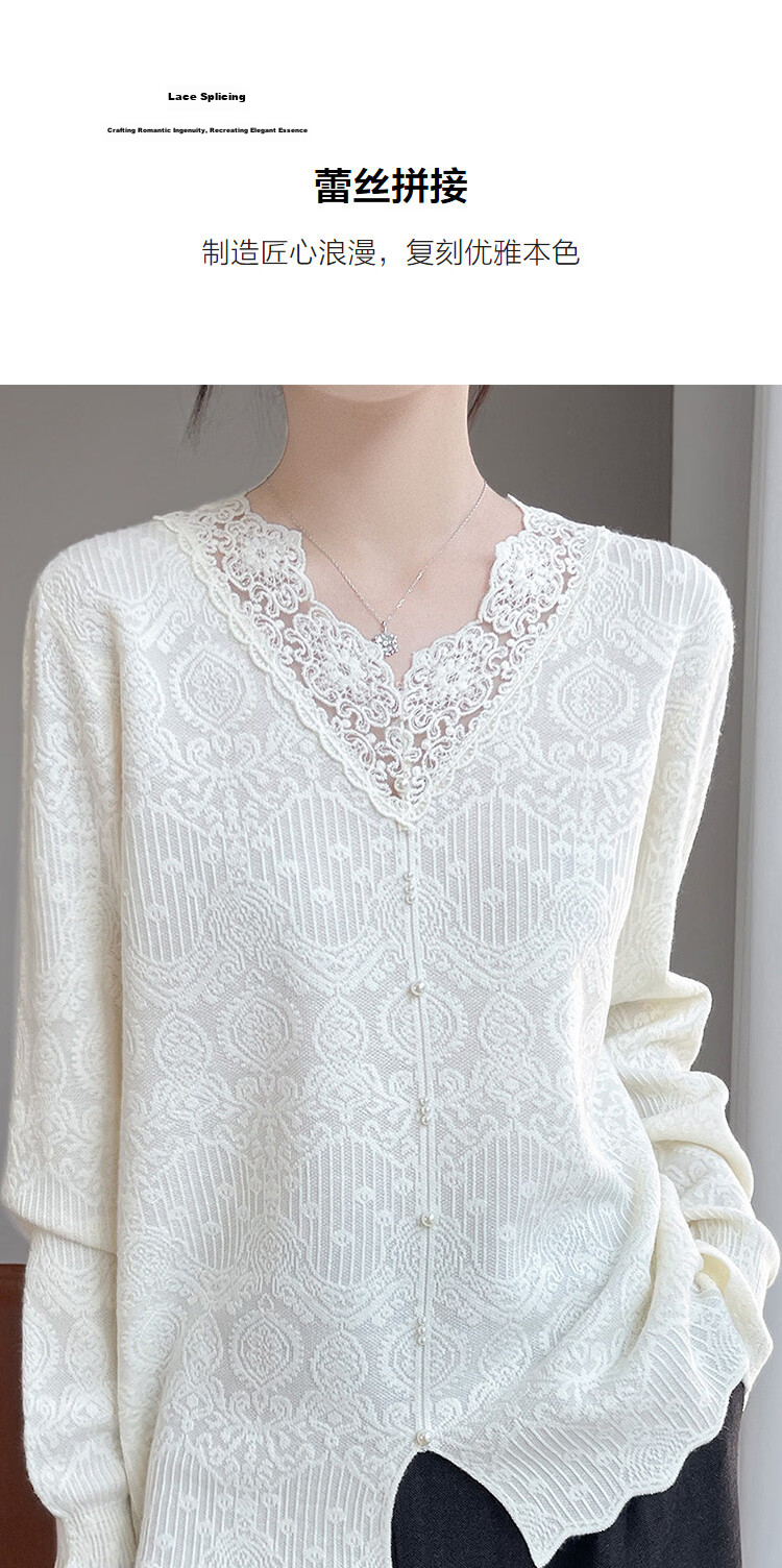 Demana Romantic Contract Spring Lady Style V-Neck Lace Trim Jacquard Slim Knit Sweater Women Premium Feel 6