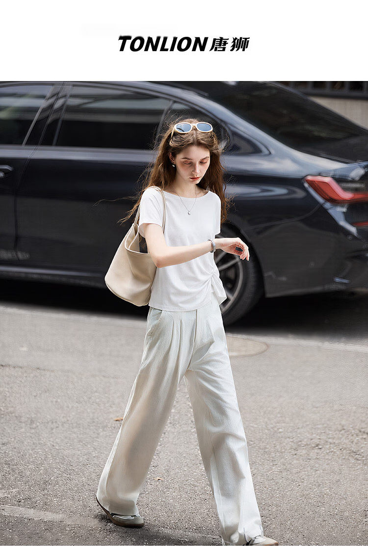 TonLion 2026 Summer New Women's Short Sleeve T-Shirt Pleated Solid Slim Fit Versatile High-End Fashion Tee 1