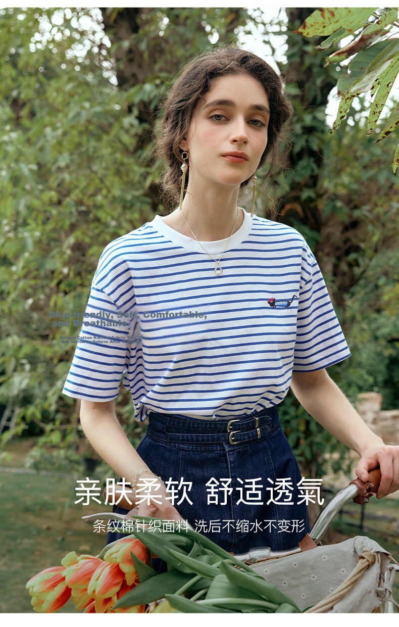 Olrain Blue and White Striped Short Sleeve T-Shirt Summer New Fashion Youthful Top Blue and White Stripes XL 1