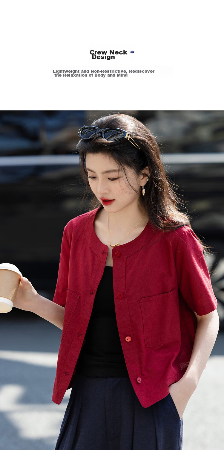 Demana [with Flax Cloud Oxygen Cotton] Summer Vintage Commuter Round Neck Short Sleeve Petite Slim Cropped Women's Jacket 6