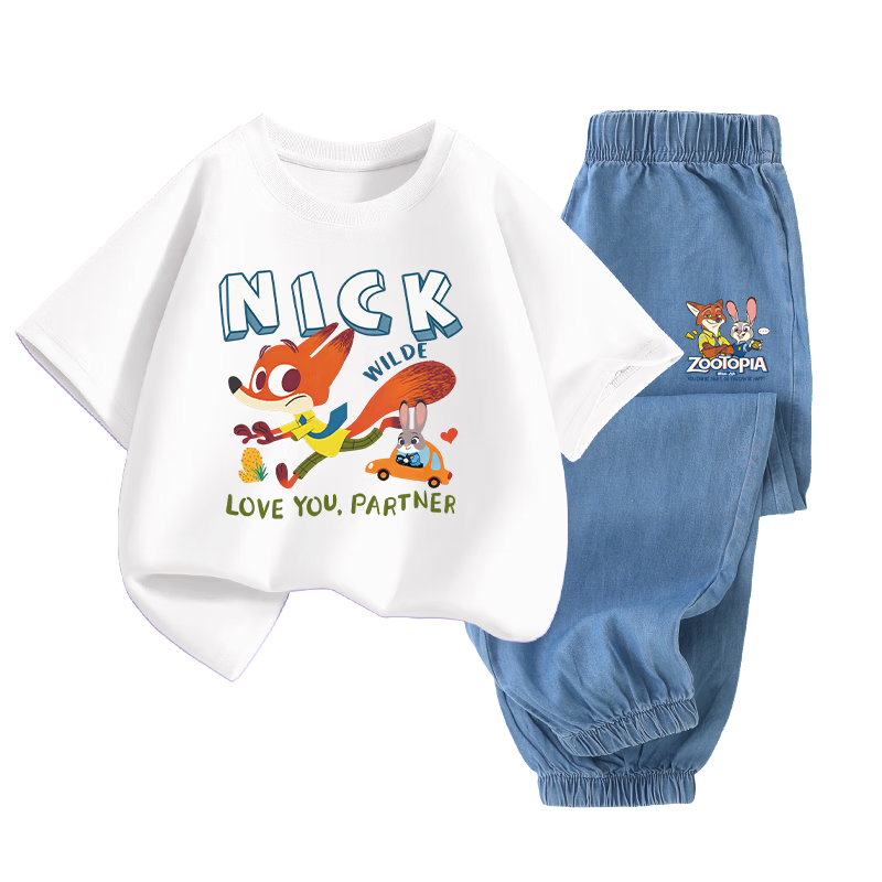 Disney Boys' Short Sleeve Tencel Set Crazy Animal Nick White T-Shirt + Rabbit Fox Dark Blue Pants Size 110