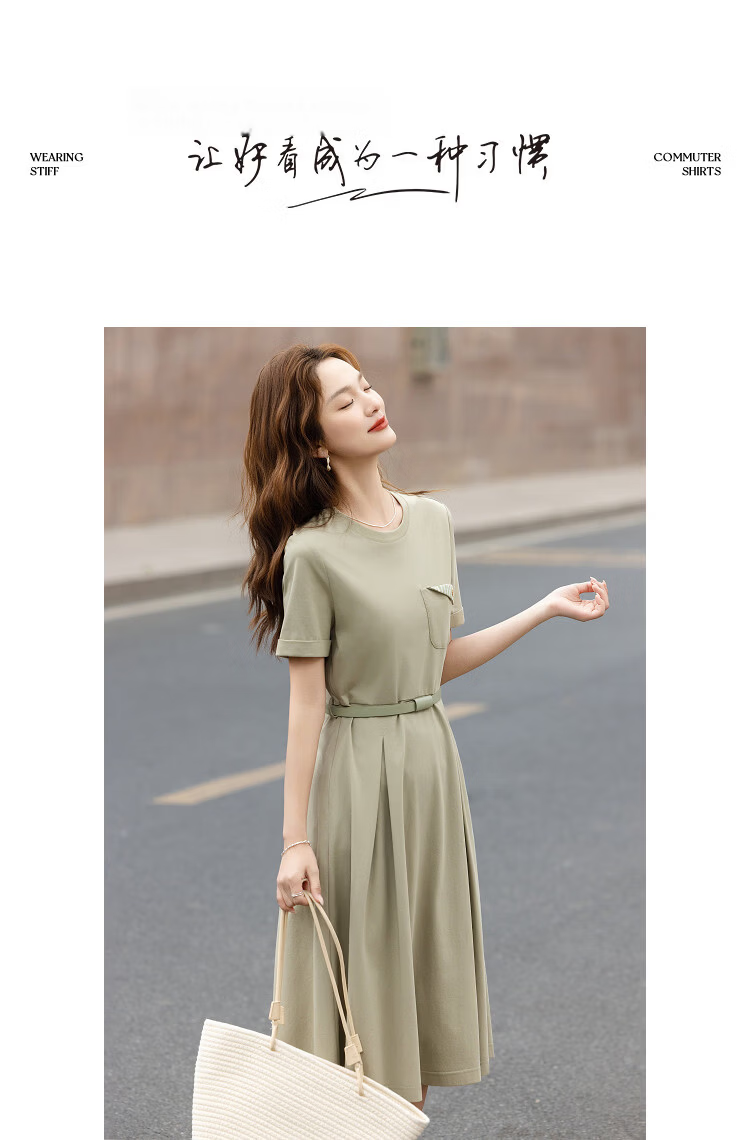 Demana Qingshuang Solona Summer Simple Round Neck Striped Patch Pocket Waist Slimming Dress for Women Premium Feel 13