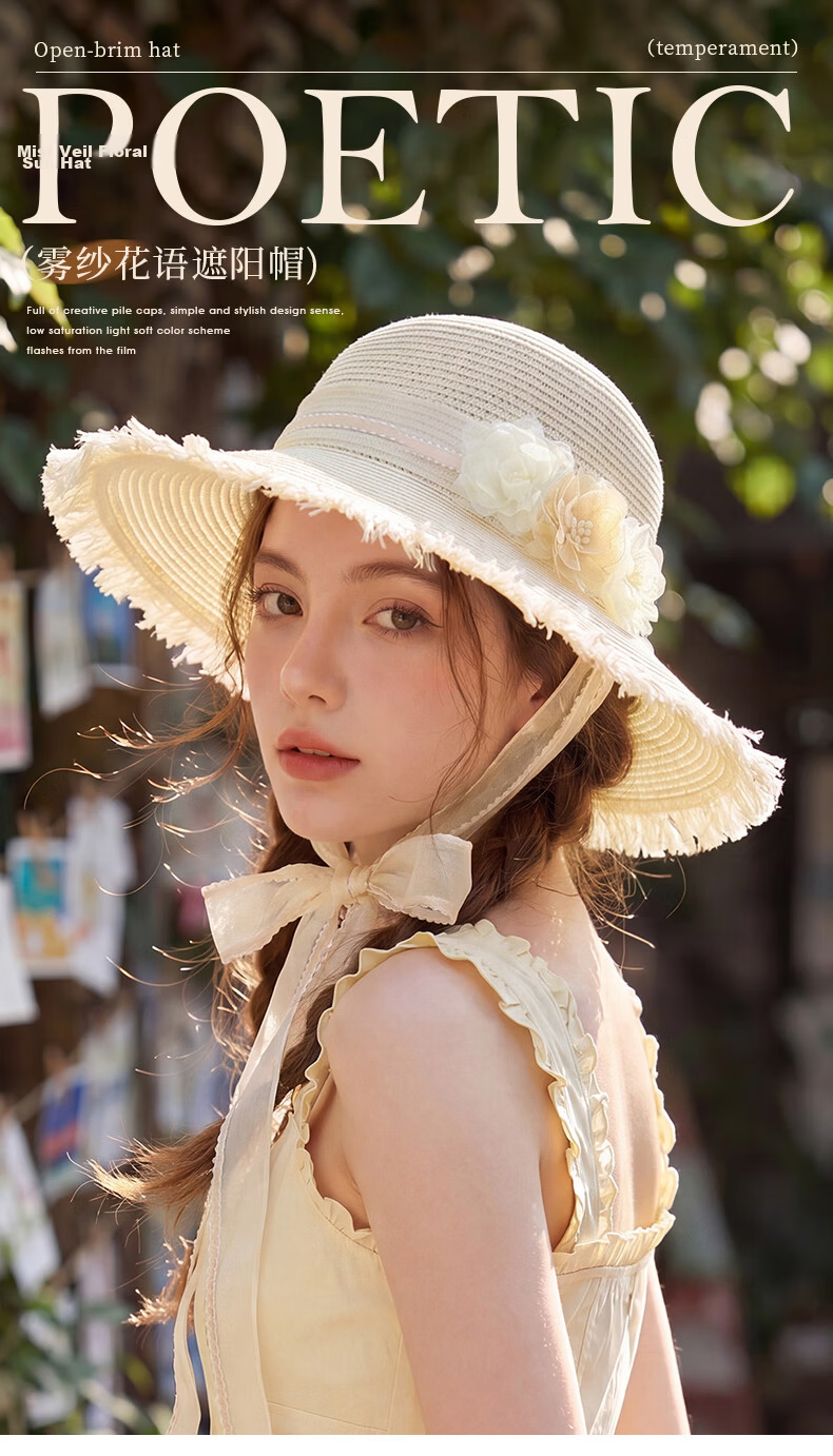 CACUSS Women's Straw Hat Summer Large Brim Straw Woven Hat French Style Face Slimming Sun Hat Beach Sun Hat Summer Floral Brim 1