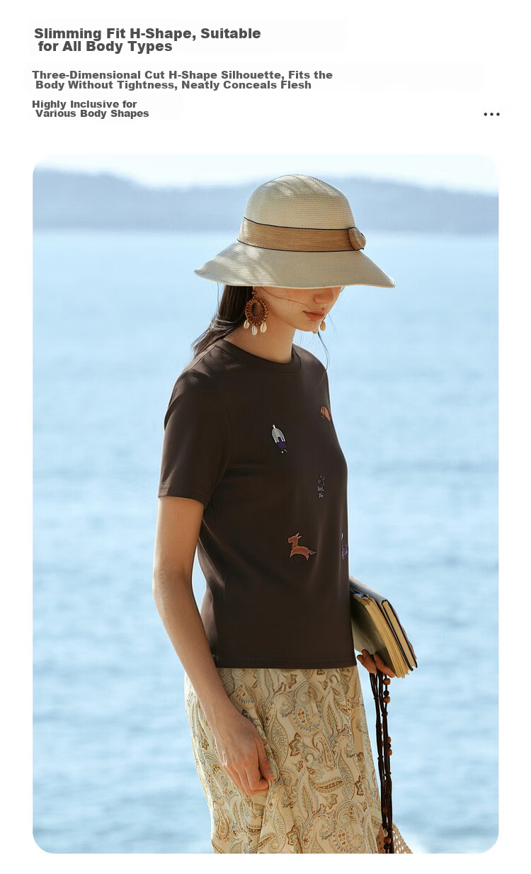 Olrain Classic Embroidered Crew Neck Short Sleeve T-Shirt Women Summer New Commuter Casual Top Brown XL 8