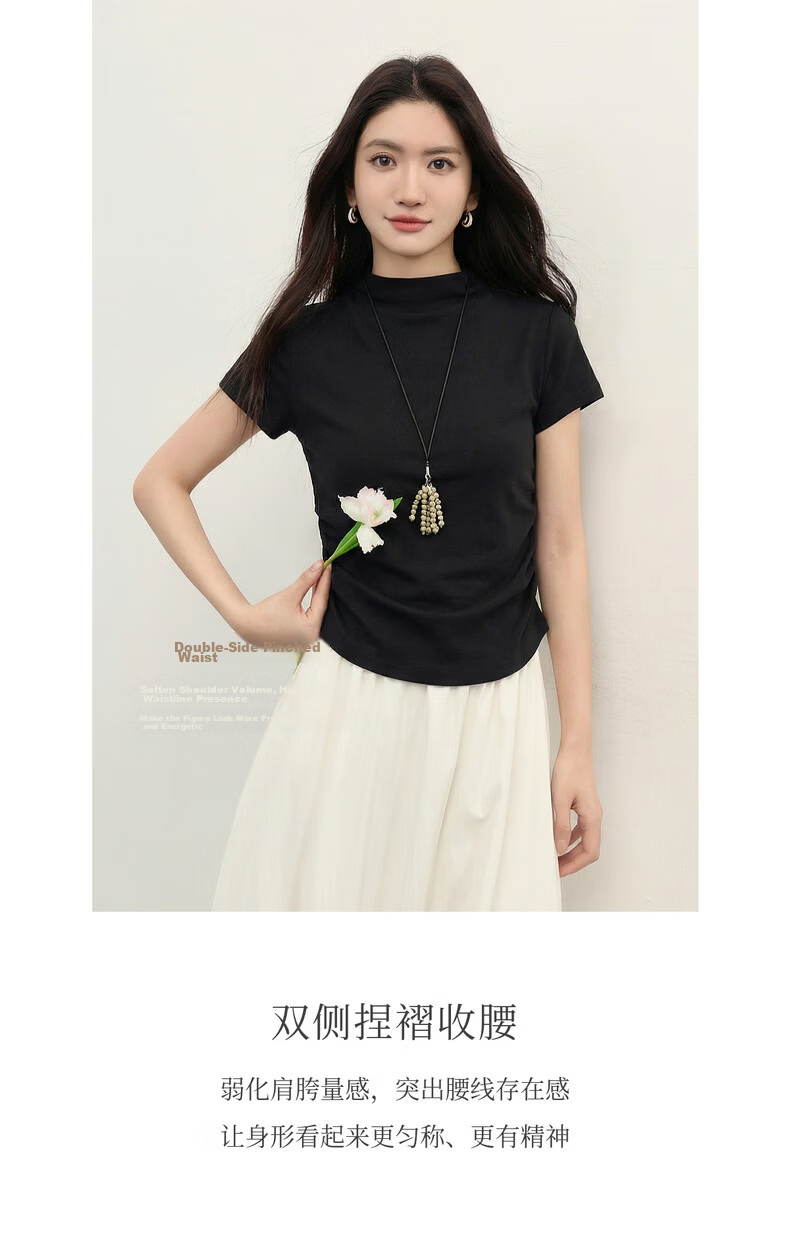 Sllsky Tencel Cotton Slim Fit T-Shirt Women Summer Waist Slimming Half High Neck Short Sleeve Top Midnight Black L 4
