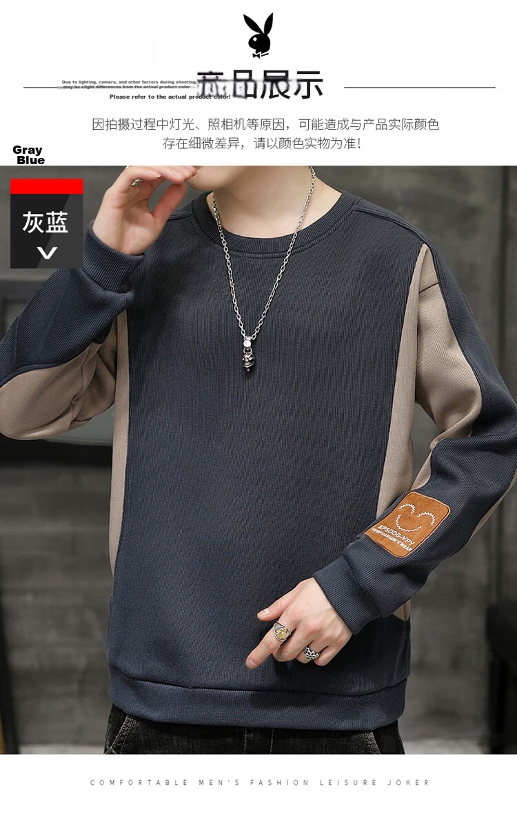 PLAYBOY Men's Crew Neck Sweatshirt Autumn Long Sleeve Loose Casual T-Shirt Black 2XL 11