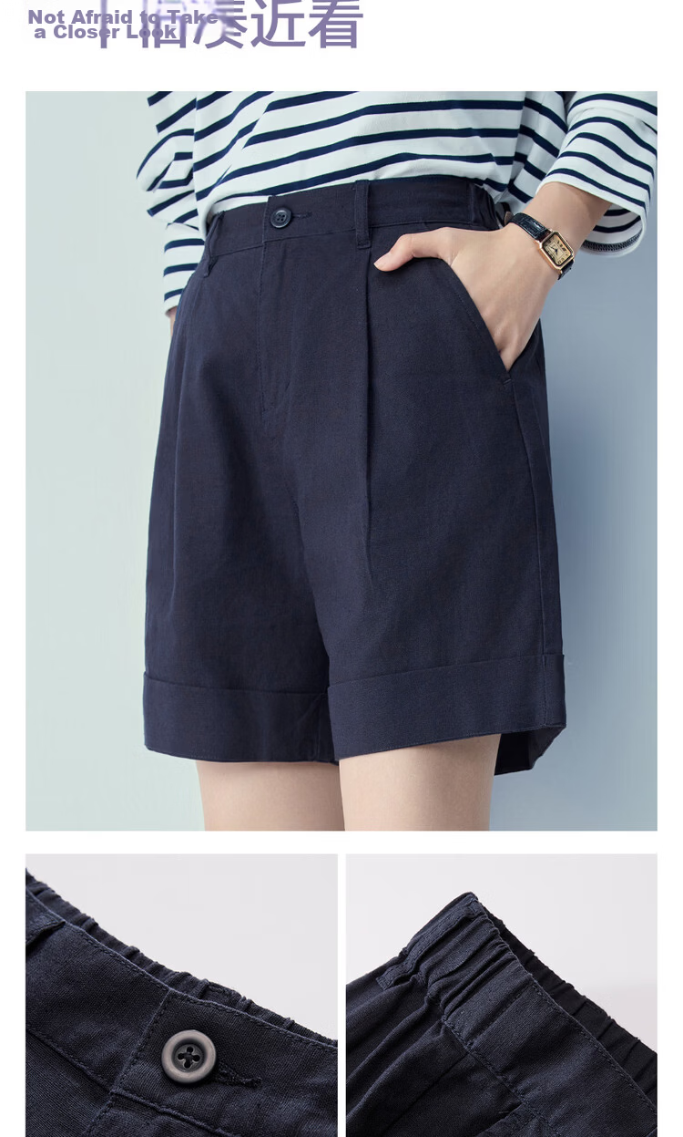 Giordano Women's Summer New Cotton Linen Pleated Semi-Elastic Waist Straight Casual Shorts 13406306 9