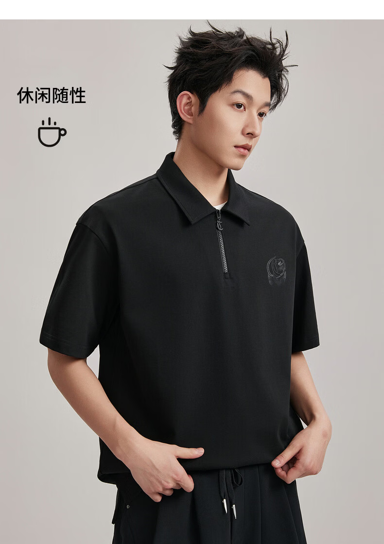 CABBEEN Pure Cotton Semi-Bleached Plain Half-Zip Polo Shirt Men Vintage Street Print Summer Short Sleeve Breathable Polo Shirt 16