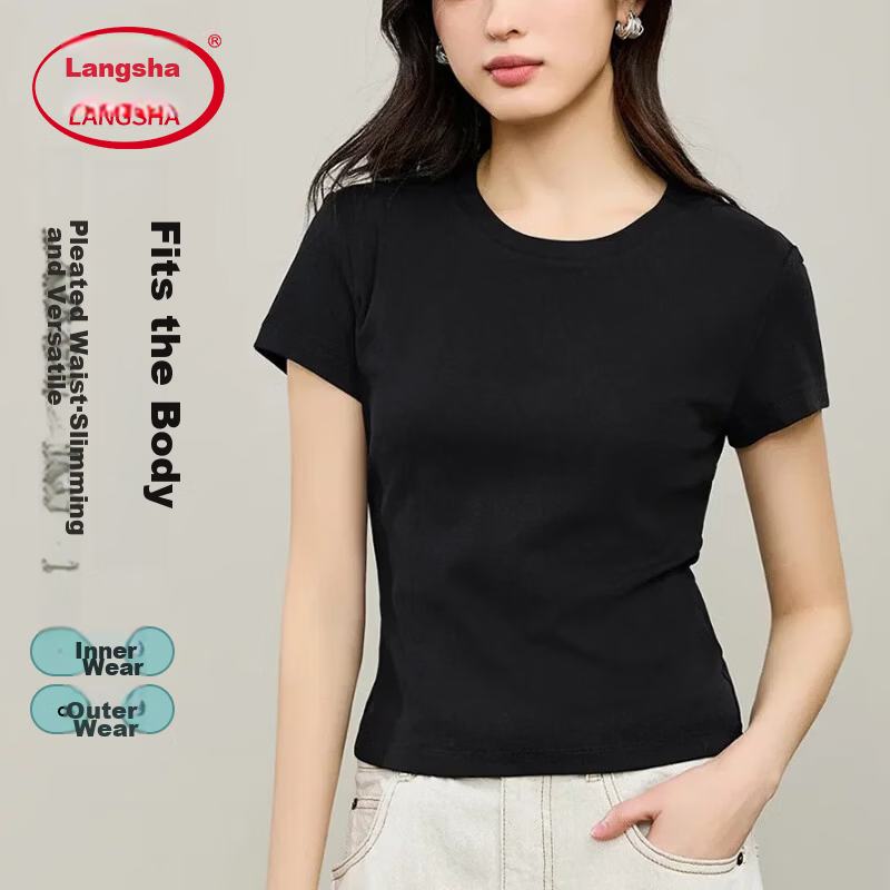 Langsha Women's Short Sleeve High Cotton T-Shirt Summer Slim Fit Casual Solid Color Top