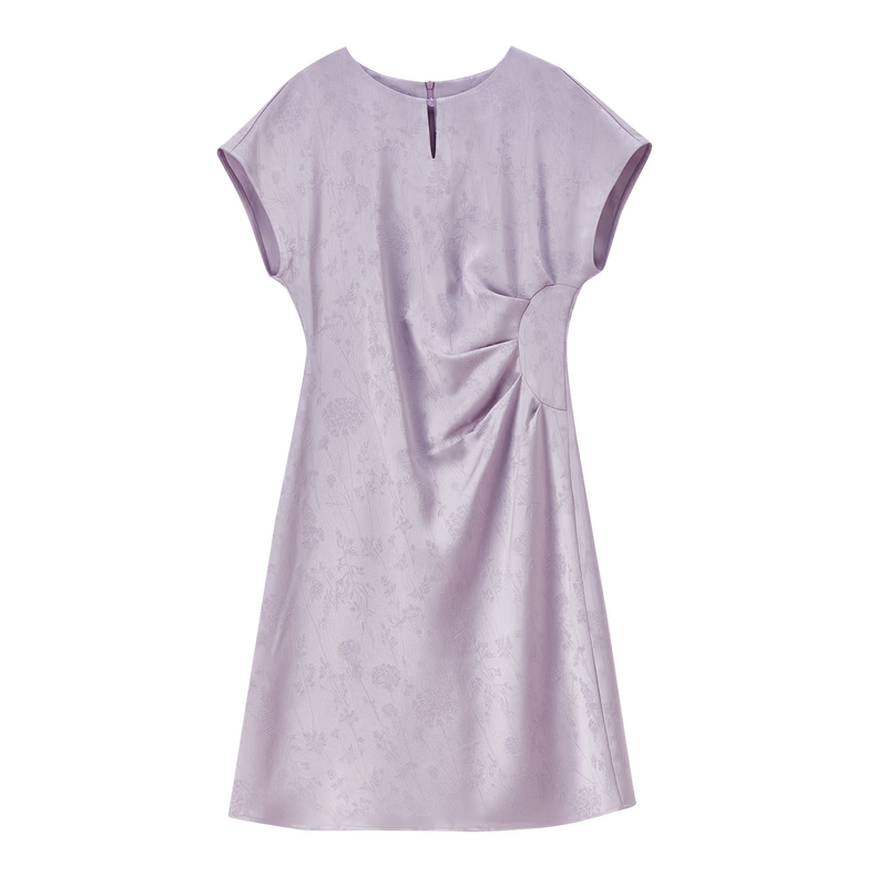 Shangdu Bila Elegant Slimming National Style Summer Dress for Women with Beaded Buttons, Round Neck, Flutter Sleeves, A-Line Jacquard Mid-Length Dress