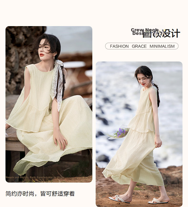 Demana [with Natural Wind Linen] Summer Design Patchwork False Two-Piece Sleeveless Off-Shoulder Waterdrop Button Cake Dress 5