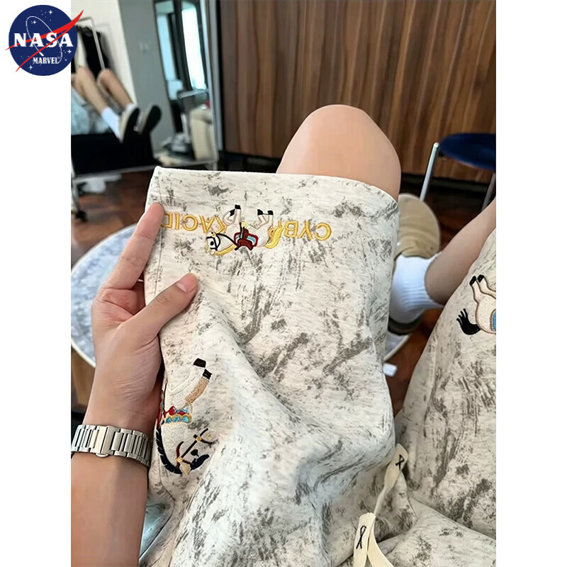 NASA MARVEL American Style Tie-Dye Pony Embroidered Men's Summer Casual Loose Straight-Leg Beach Sports Shorts