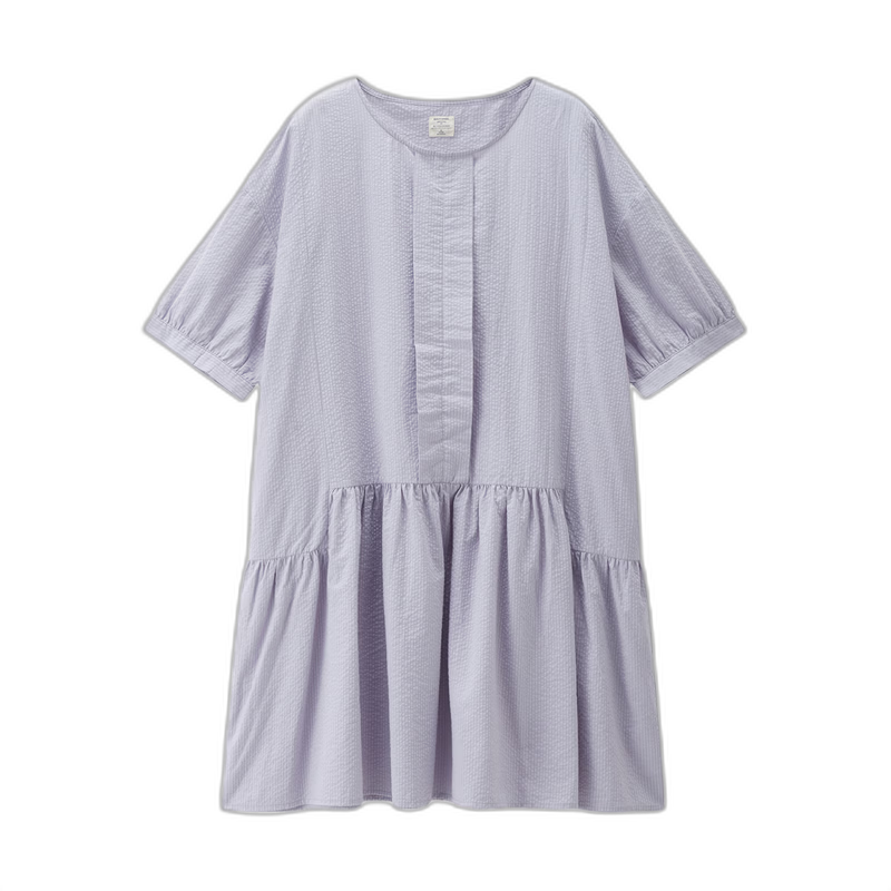 Giordano Women's Dress 2026 Summer Puff Wrinkle Pleated Round Neck Spliced Hem Dress 05466061