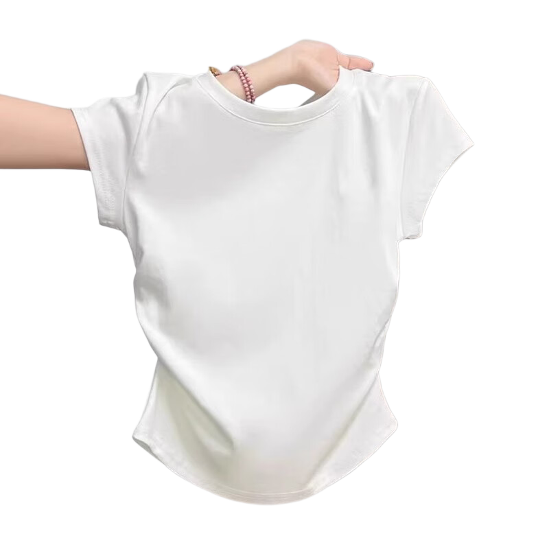 TUCANO Women's Regular Shoulder Short Sleeve T-Shirt, Summer 2025 New Style, Round Neck, Pleated, Slim Fit, Waist-Cinching Top, White, Size L