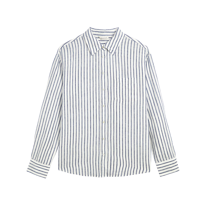 GANT Women's Spring Summer Pure Linen Striped Vintage American Style Long Sleeve Shirt 409-Navy Blue White Stripes M