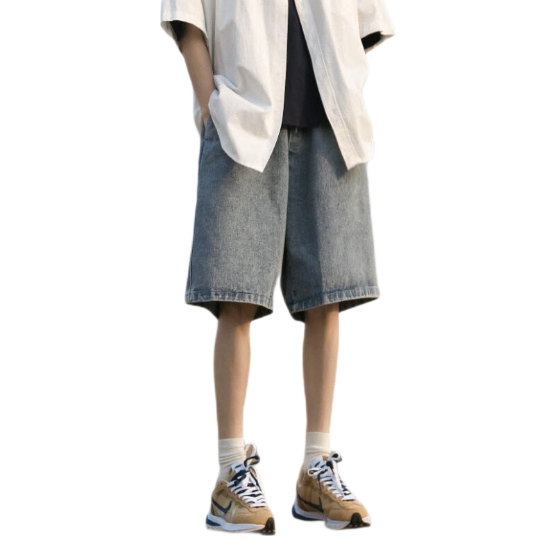 IZEXX Men's Denim Shorts, Summer Lightweight Loose Fit Versatile Breathable Straight-Leg Cargo Casual Five-Point Pants ZW55 Light Blue L