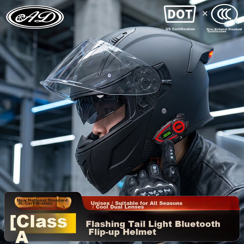 AD 3C Certified Class A Motorcycle Helmet Unisex Four Seasons Bluetooth Flip-up Helmet Winter Anti-fog Full-face Motorbike Helmet Summer Electric Scooter Safety Helmet K9 Matte Black