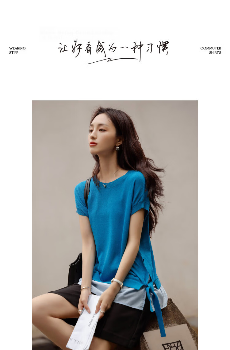 Demana [Linen Lyocell Blend] Spring Split Ribbon Colorblock Short Sleeve Slim Fit Women's Knit Sweater 10