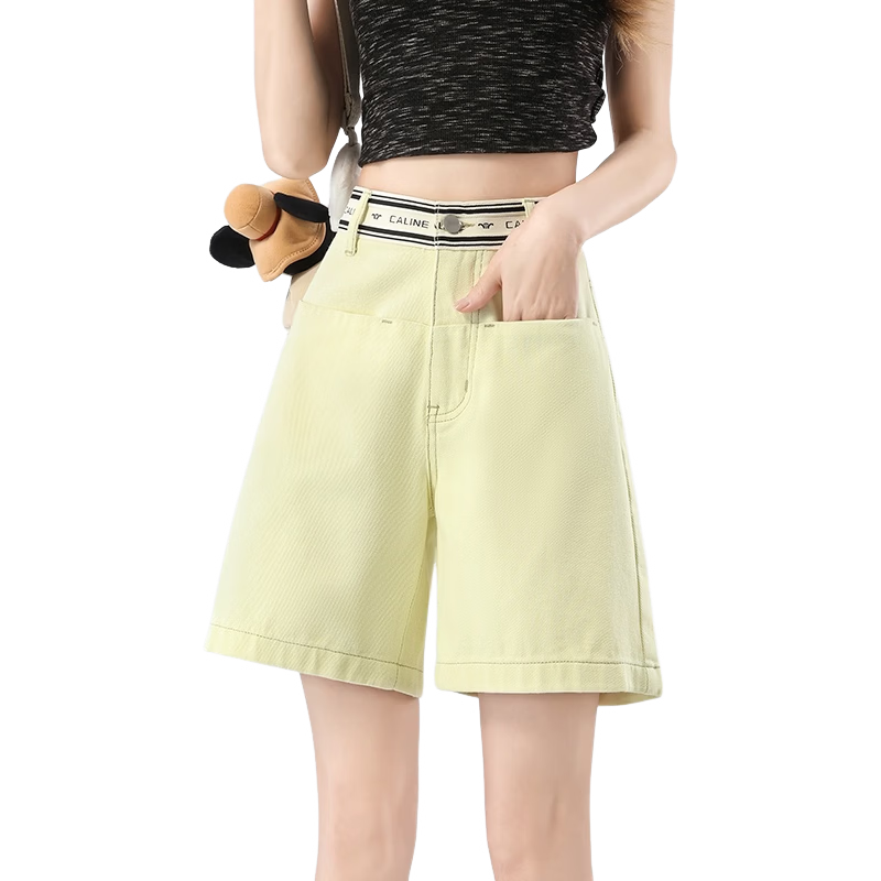 Jeanswest Women's Summer Dopamine Thin High-Waist Loose Slim Straight Wide-Leg Black Denim Shorts Size L