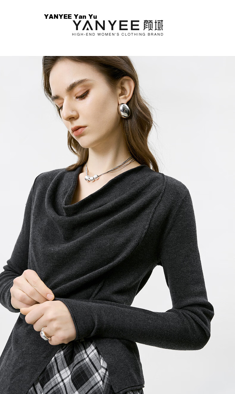 Yanyu Stacked V-Neck Knit Sweater Women 2026 Spring High-End French Lazy Asymmetric Sweater Gray S 1