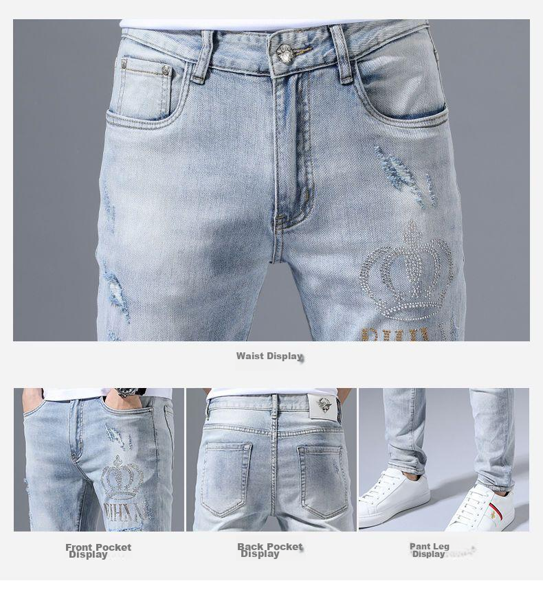 PLAYBOY Men's Summer Ripped Slim Fit Embroidered Trendy Skinny High-End Jeans 4
