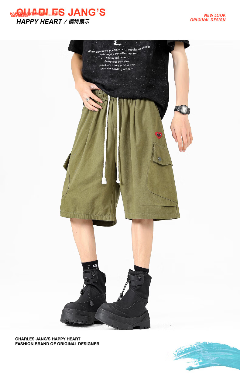 Charles Peach Heart Trendy Workwear Five-Point Shorts Summer Loose Straight Casual Slim Black M 11