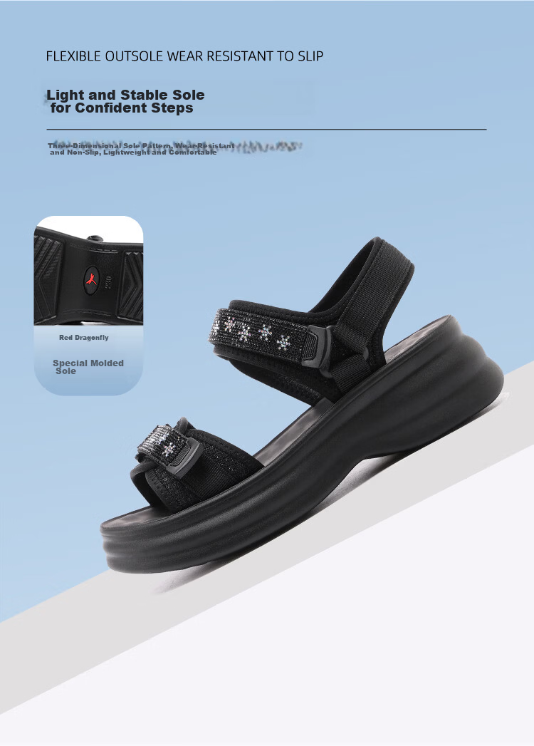 Red Dragonfly Women's Thick Sole Height Increasing Velcro Beach Sandals Lightweight Soft Sole Outdoor Shoes WTK264771 Black Size 36 6