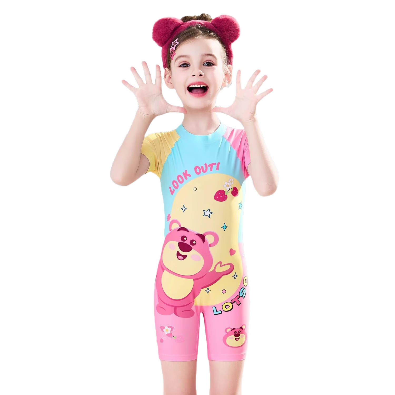 Dishini Girls' One-Piece Swimsuit for Children Aged 3-6, Professional Training Swimming Set D35405 Strawberry Bear 90