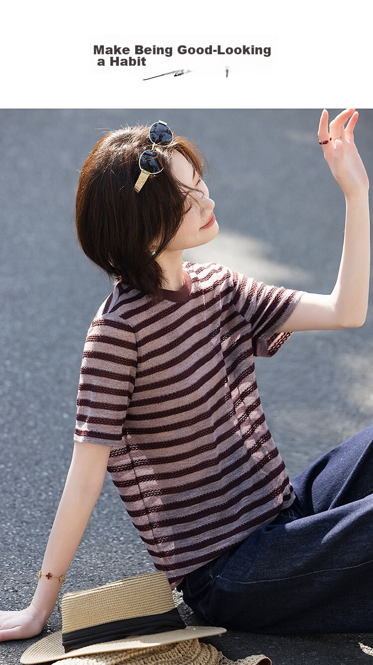 Demana "Piano Overture" Summer Retro Colorblock Round Neck Short Sleeve Stretch Slimming T-Shirt for Women High-End Feel 1