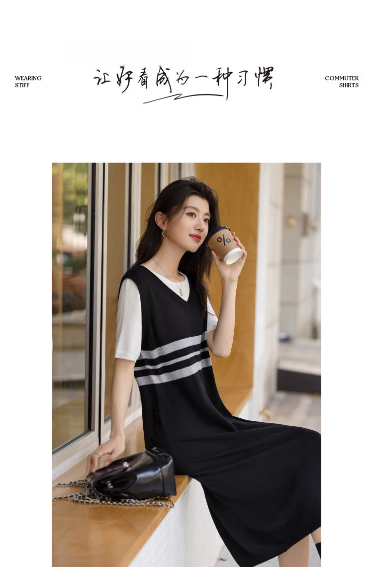 Demana [Mulberry Silk and Wool Blend] Spring Faux Two-Piece Short Sleeve T-Shirt Dress Slim Fit Women's Set 10