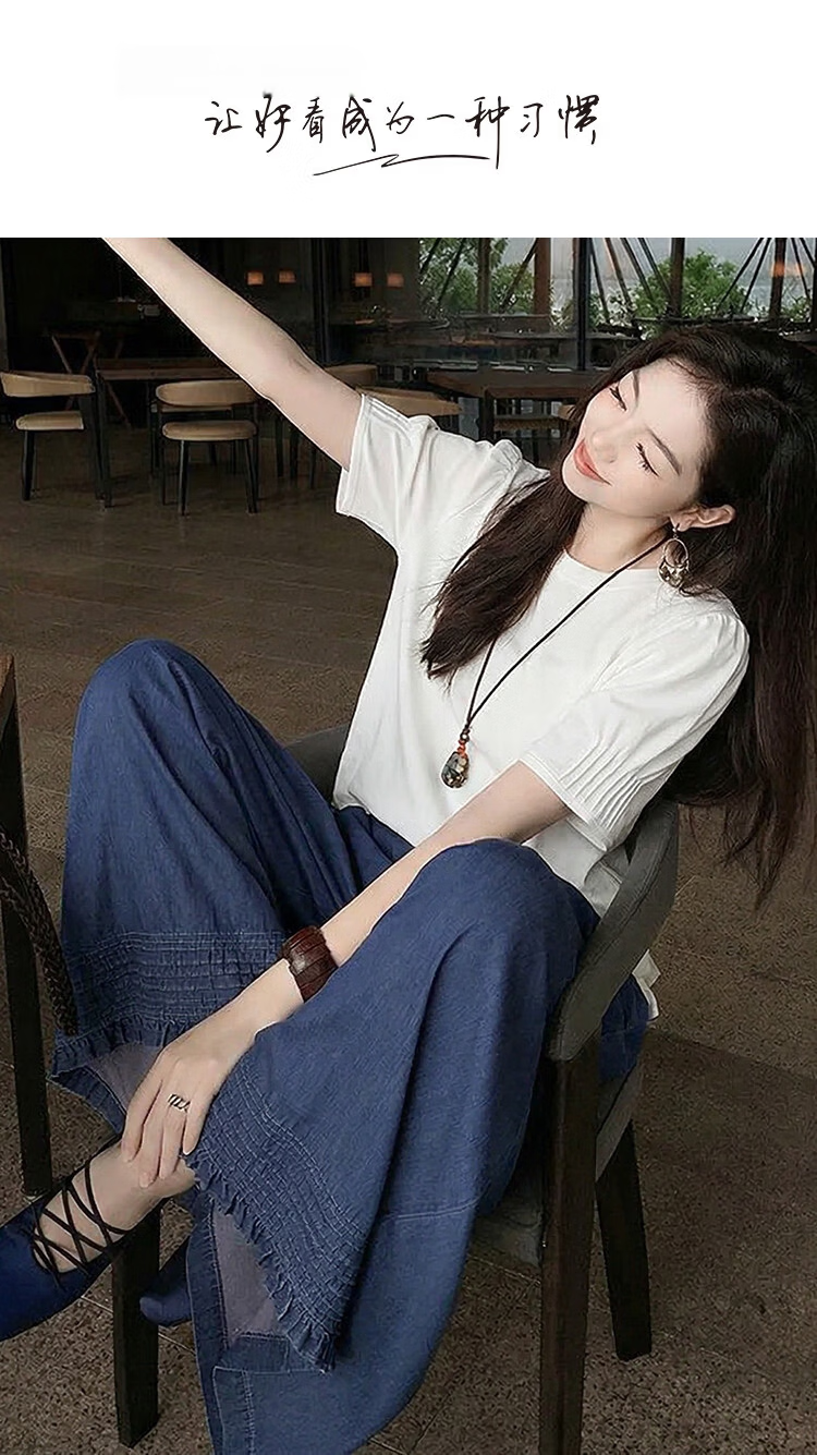 Demana [Denim Cloud Oxygen Cotton] Summer Forest Style Retro Cropped Wide-Leg Pants Elastic Waist Slim Loose Women's Jeans 1