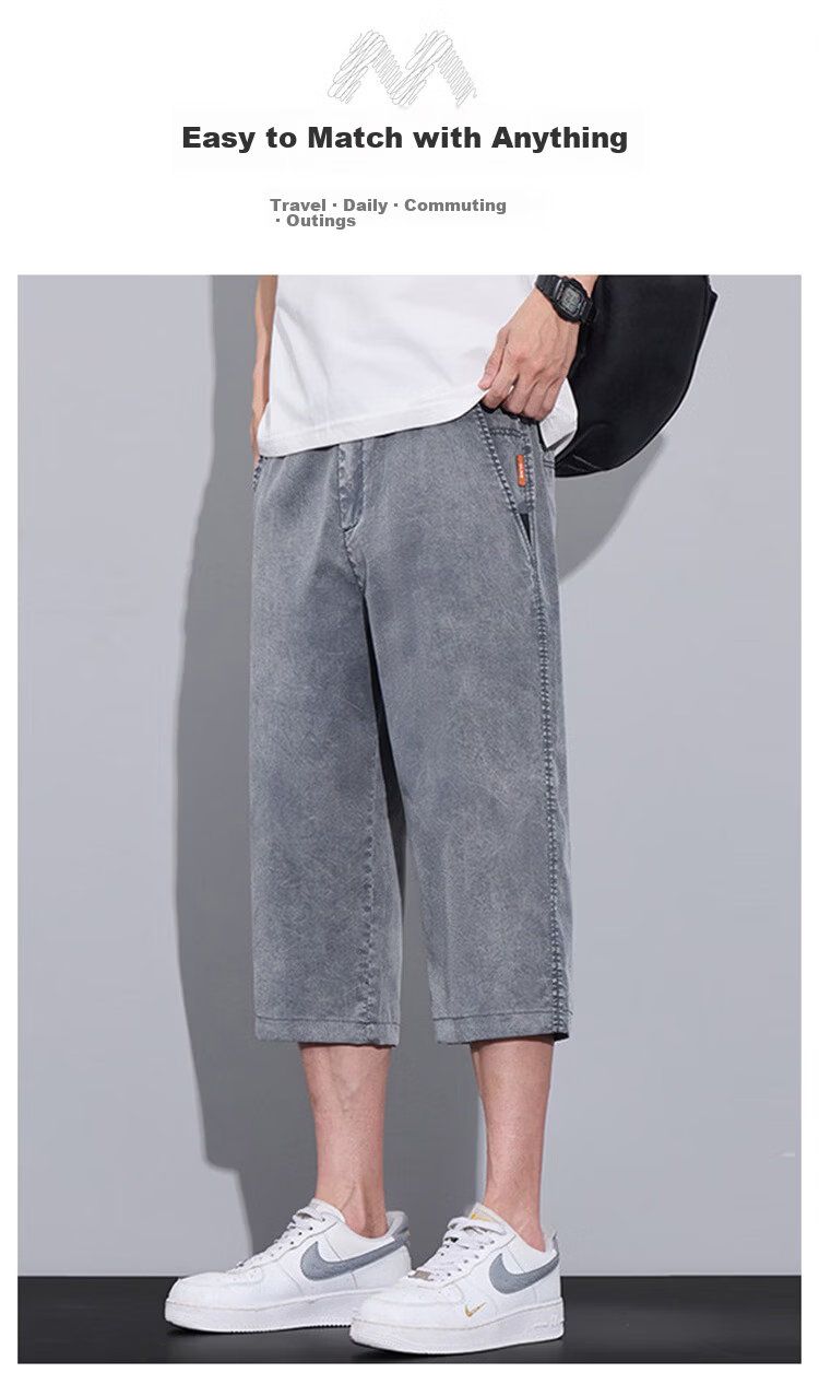 MARK FAIRWHALE Men's Denim Shorts, Summer Straight-Leg Ice Silk Pants, Trendy Seven-Point Casual Trousers for Men, Black, Size 31 3