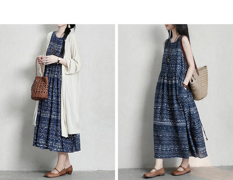 Demana [Artistic Forest Girl] Summer Ethnic Style Printed Round Neck Sleeveless Drawstring Slim Fit Dress for Women Premium Quality 11