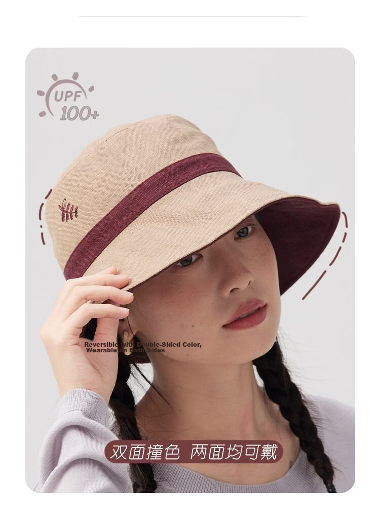 Lagur Natural Ramie Double-Sided Embroidered Fisherman Hat with Wild Berry Pattern, Large Head Circumference, Sun Protection, Red Rice Color 4