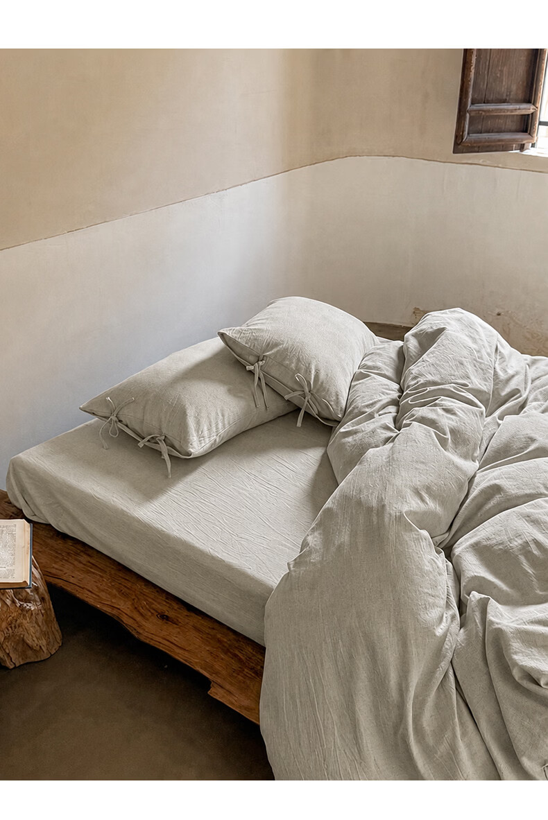MUJI Linen Four-Piece Set Wabi-Sabi Style Luxury Bedding 1.5/1.8m Bed Duvet Cover 200x230cm Cotton Linen Sheet Tied Four-Piece Set 11