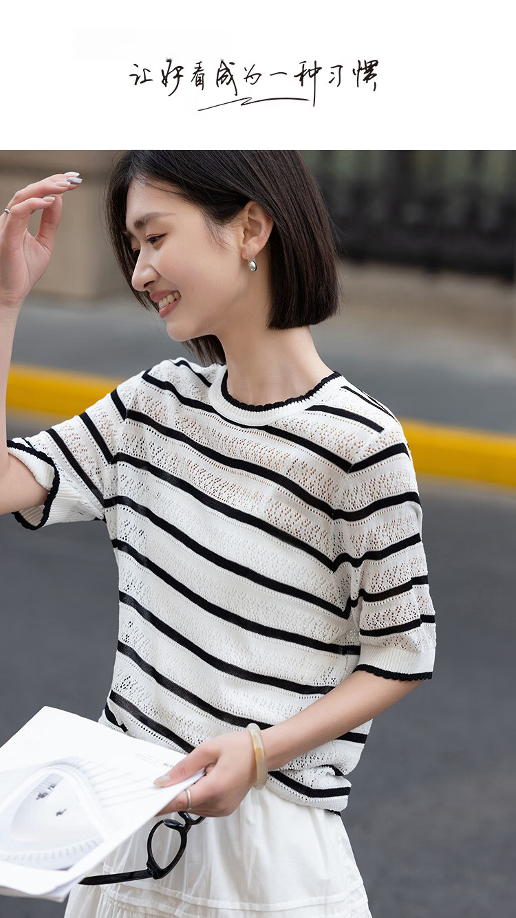 Demana Black Technology Antibacterial Summer Lightweight Striped Colorblock Jacquard Wave Edge Slimming Concealing Knit Sweater for Women Premium 1