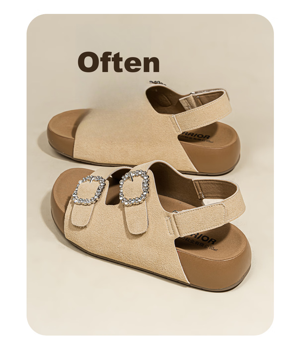 Warrior Birkenstock Women's Summer Sandals Outdoor Beach Shoes Square Buckle Rhinestone Casual Thick Sole Slippers Beige Size 38 15