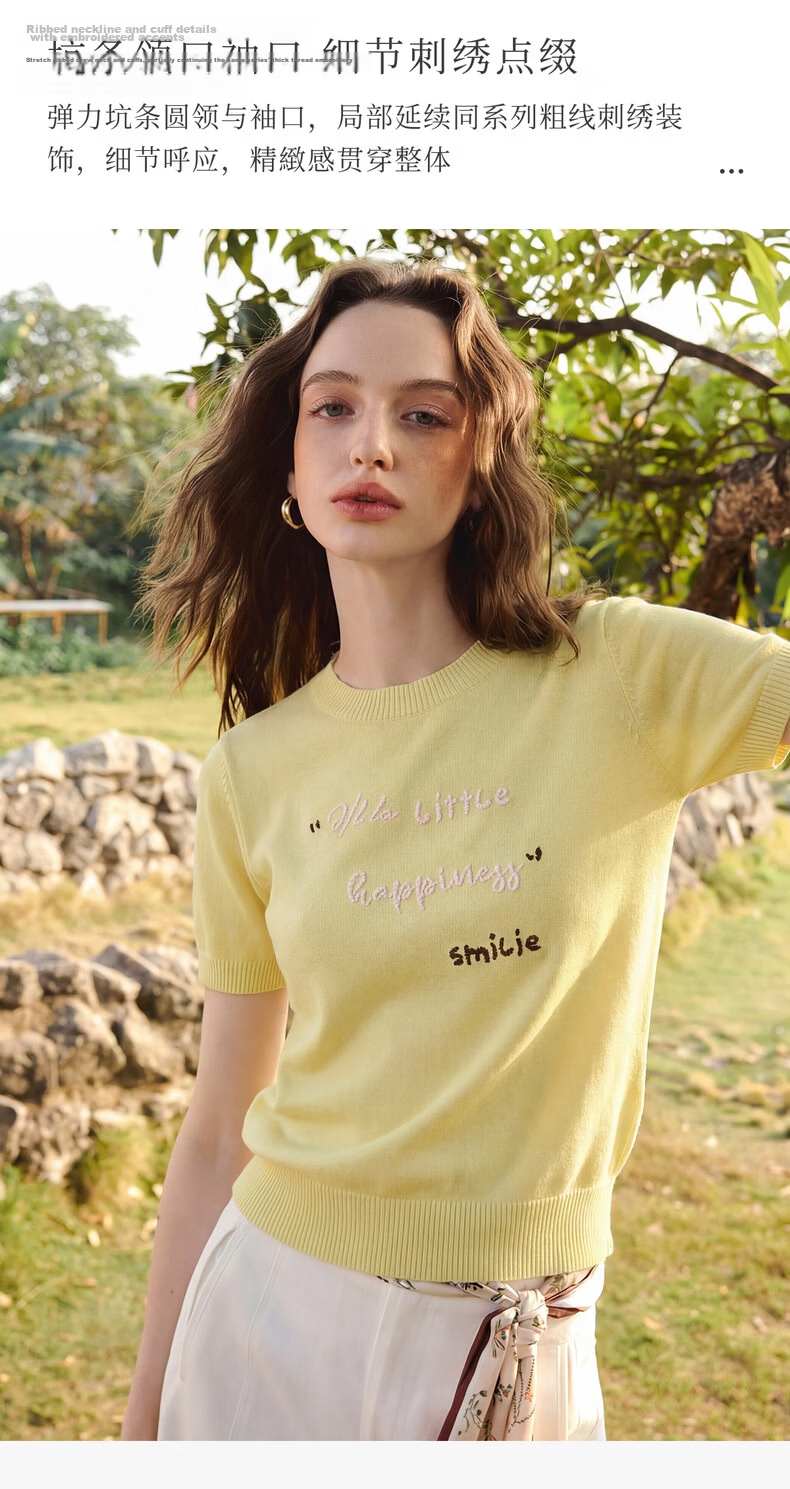 Olrain Summer New Short 3D Letter Embroidered Crew Neck Short Sleeve Knit Top for Women Yellow S 4