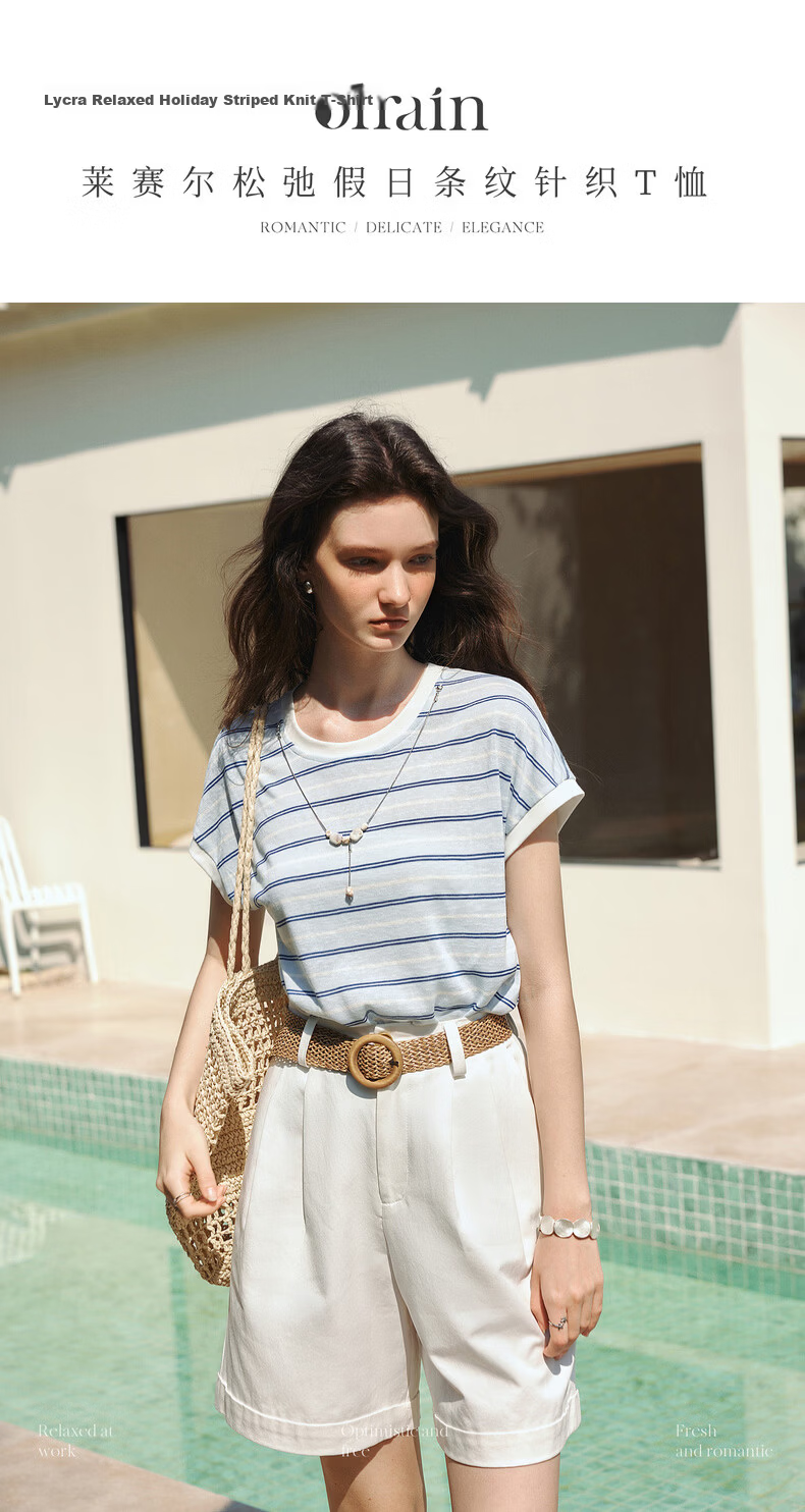 Olrain Summer New Blue and White Color Block Striped Loose Casual Commuting Short Sleeve T-Shirt for Women Striped L 1